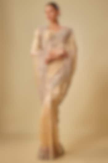 Gold Tissue Hand & Machine Embroidered Bridal Saree Set by Kalighata at Pernia's Pop Up Shop