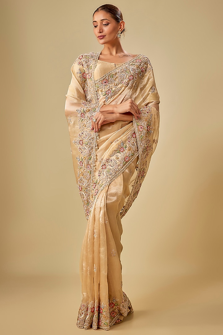 Gold Tissue Hand & Machine Embroidered Bridal Saree Set by Kalighata at Pernia's Pop Up Shop