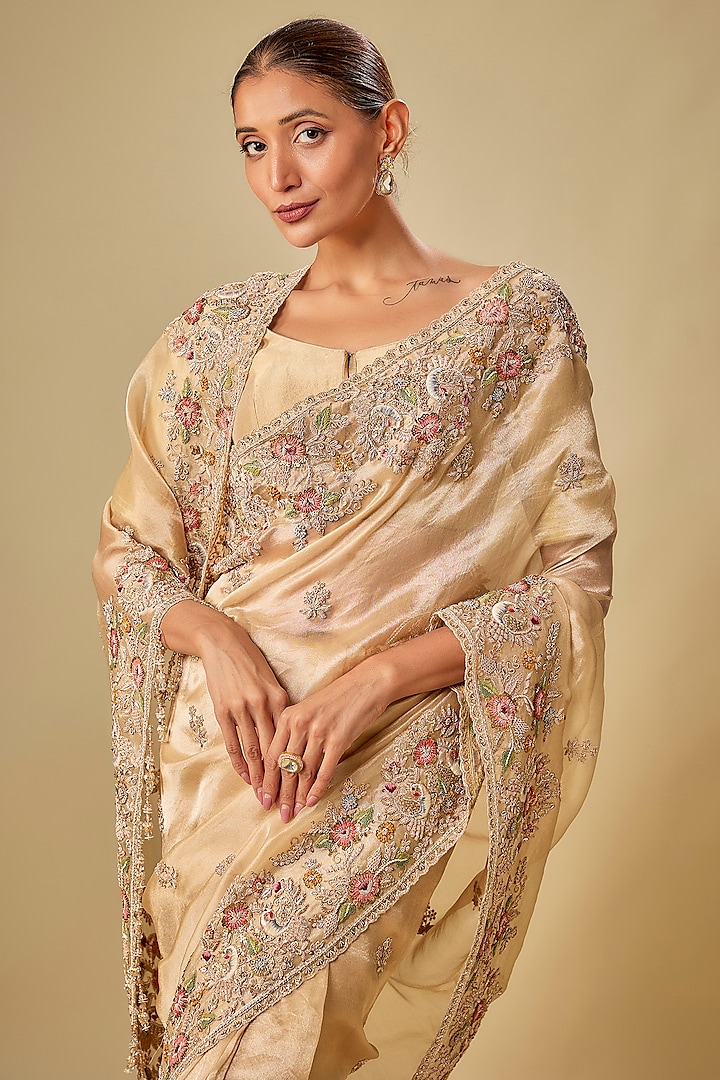 Gold Tissue Hand & Machine Embroidered Bridal Saree Set by Kalighata at Pernia's Pop Up Shop