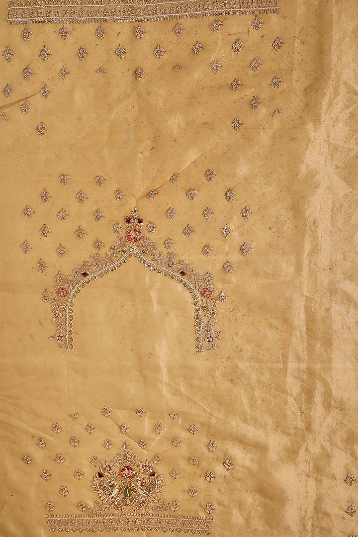 Gold Tissue Hand & Machine Embroidered Bridal Saree Set by Kalighata at Pernia's Pop Up Shop