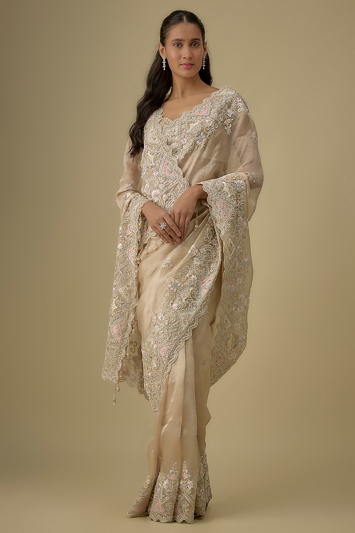 Gold Tissue Hand & Machine Embroidered Bridal Saree Set by Kalighata at Pernia's Pop Up Shop