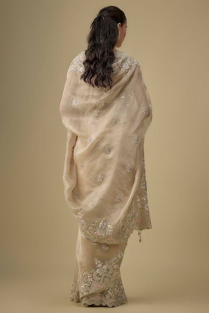Gold Tissue Hand & Machine Embroidered Bridal Saree Set by Kalighata at Pernia's Pop Up Shop