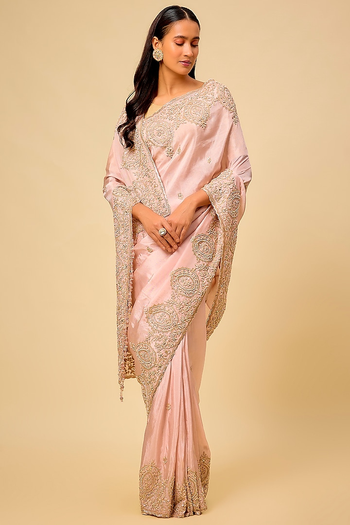 Pink Tissue Hand & Machine Embroidered Bridal Saree by Kalighata at Pernia's Pop Up Shop