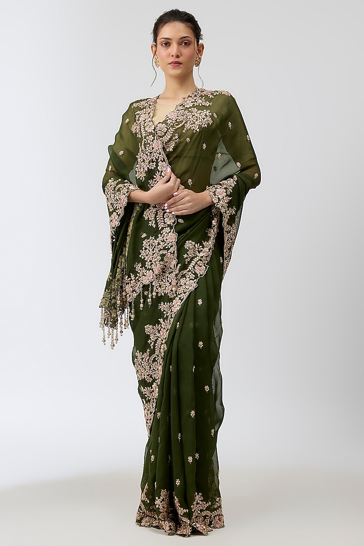 Green Viscose Organza Sequins Embroidered Reception Saree Set by Kalighata at Pernia's Pop Up Shop