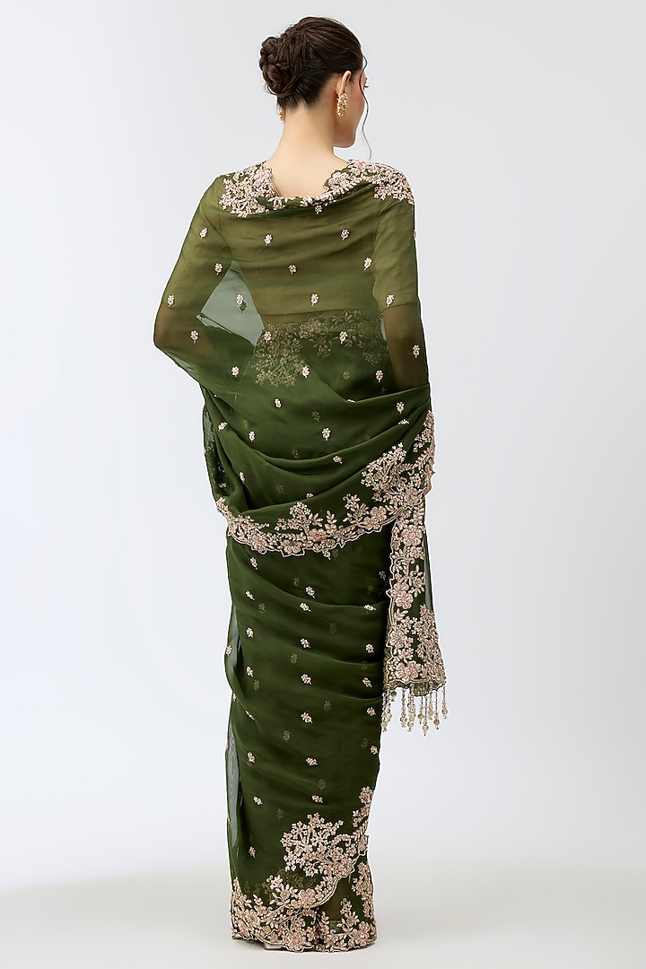 Green Viscose Organza Sequins Embroidered Reception Saree Set by Kalighata at Pernia's Pop Up Shop