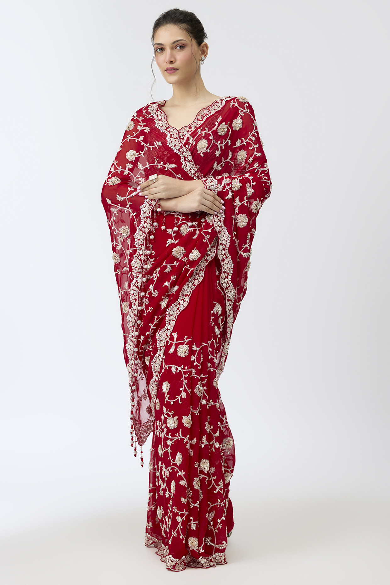 Maroon Viscose Organza Sequins Embroidered Reception Saree Set by Kalighata at Pernia's Pop Up Shop