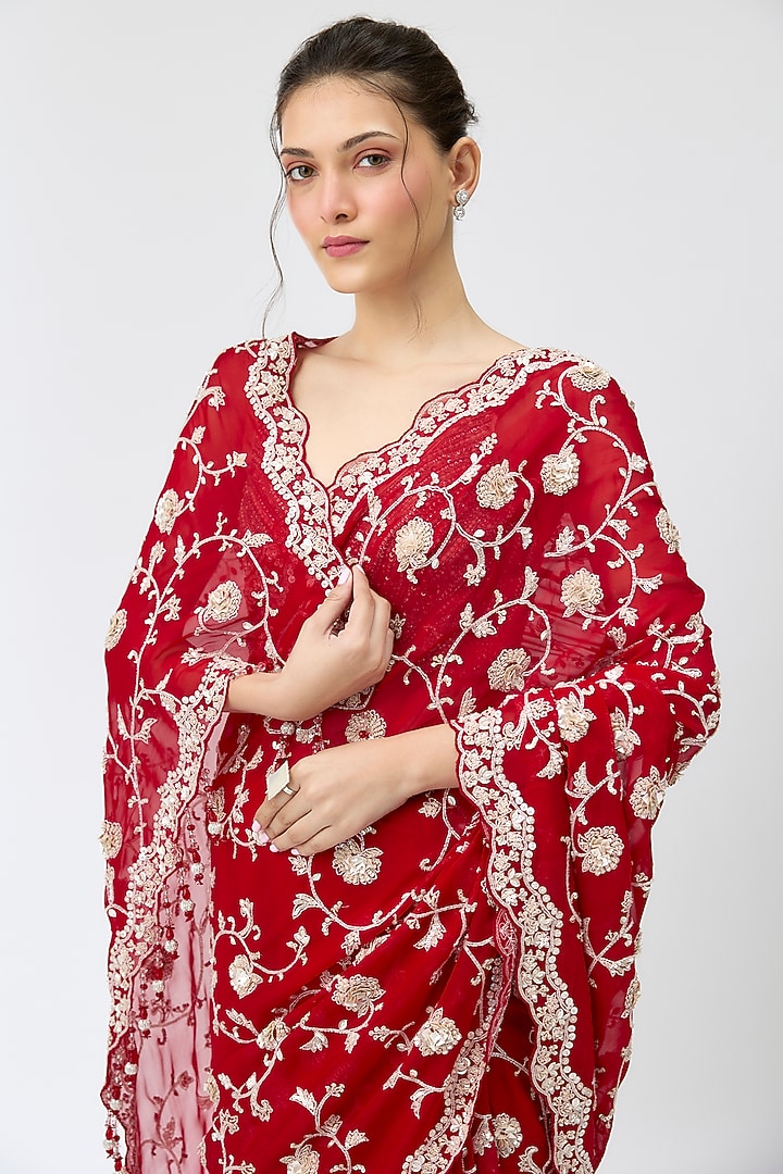 Maroon Viscose Organza Sequins Embroidered Reception Saree Set by Kalighata at Pernia's Pop Up Shop