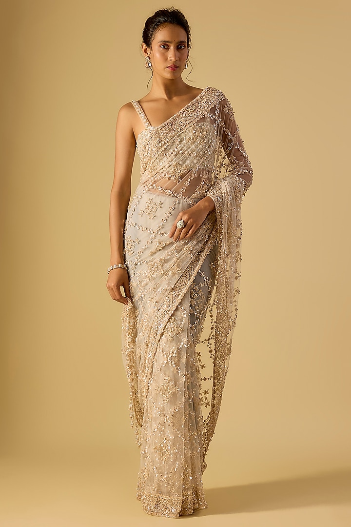 Grey Net Sequin Hand Embroidered Reception Saree Set by Kalighata at Pernia's Pop Up Shop