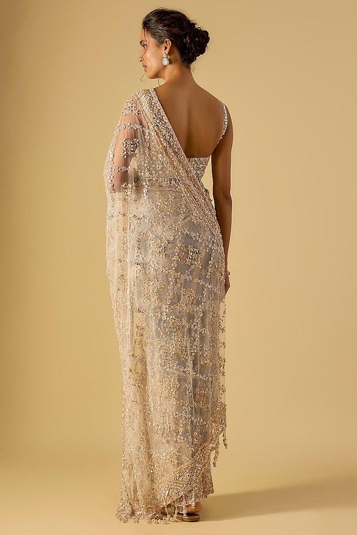 Grey Net Sequin Hand Embroidered Reception Saree Set by Kalighata at Pernia's Pop Up Shop
