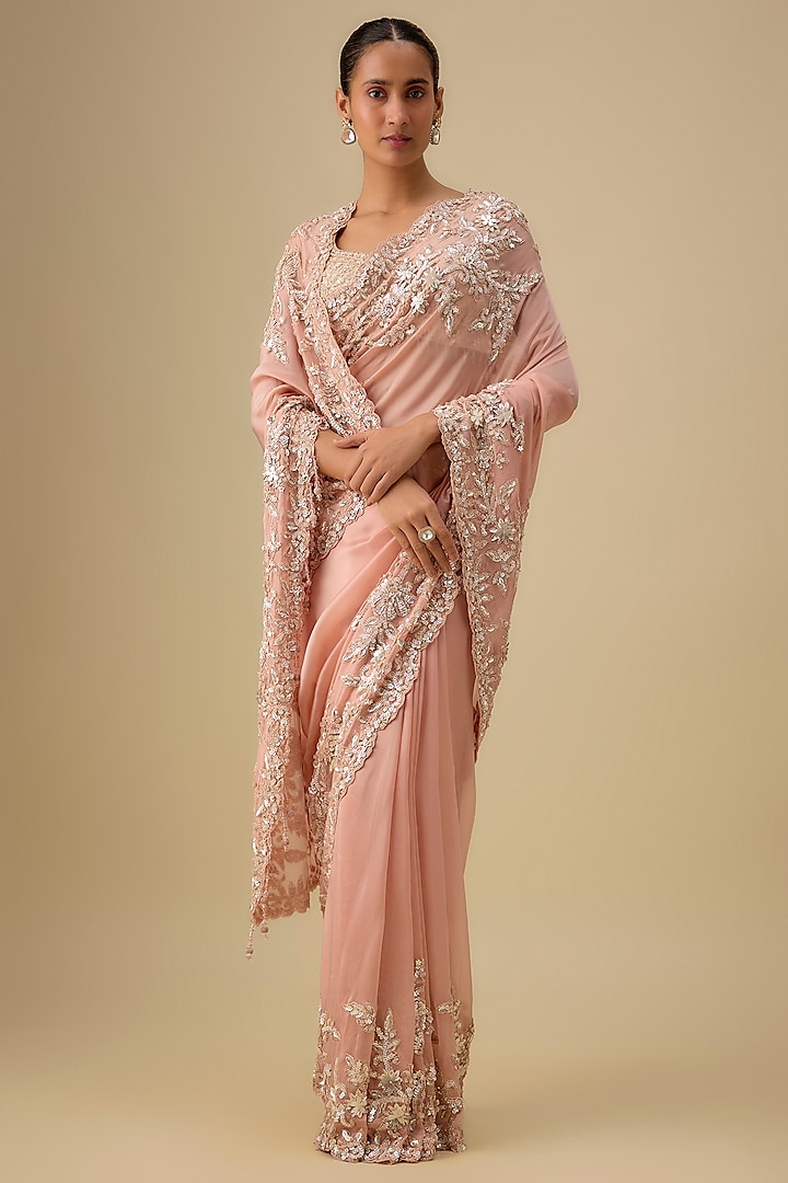 Pink Organza Hand & Machine Embroidered Reception Saree Set by Kalighata at Pernia's Pop Up Shop