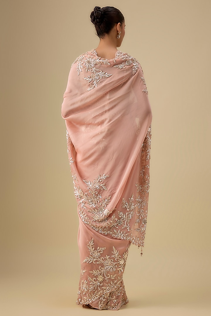 Pink Organza Hand & Machine Embroidered Reception Saree Set by Kalighata at Pernia's Pop Up Shop