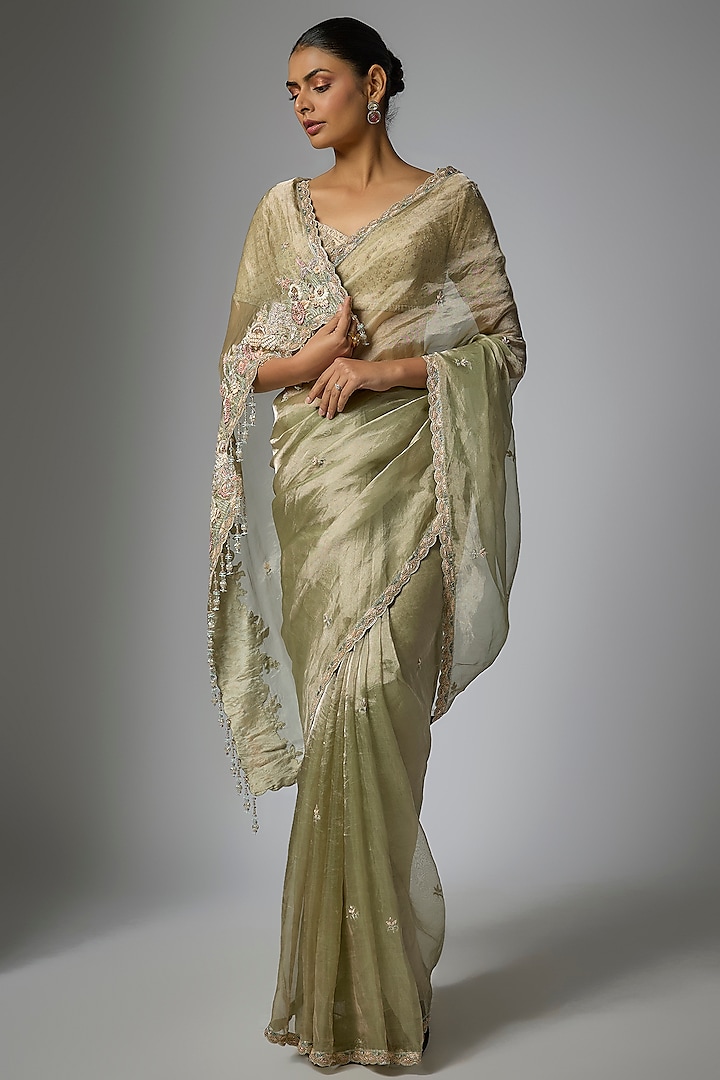 Mint Green Tissue Hand & Machine Embroidered Reception Saree Set by Kalighata at Pernia's Pop Up Shop
