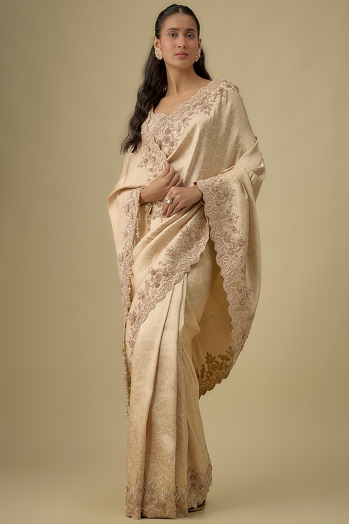 Gold Tissue Hand & Machine Embroidered Bridal Saree Set by Kalighata at Pernia's Pop Up Shop
