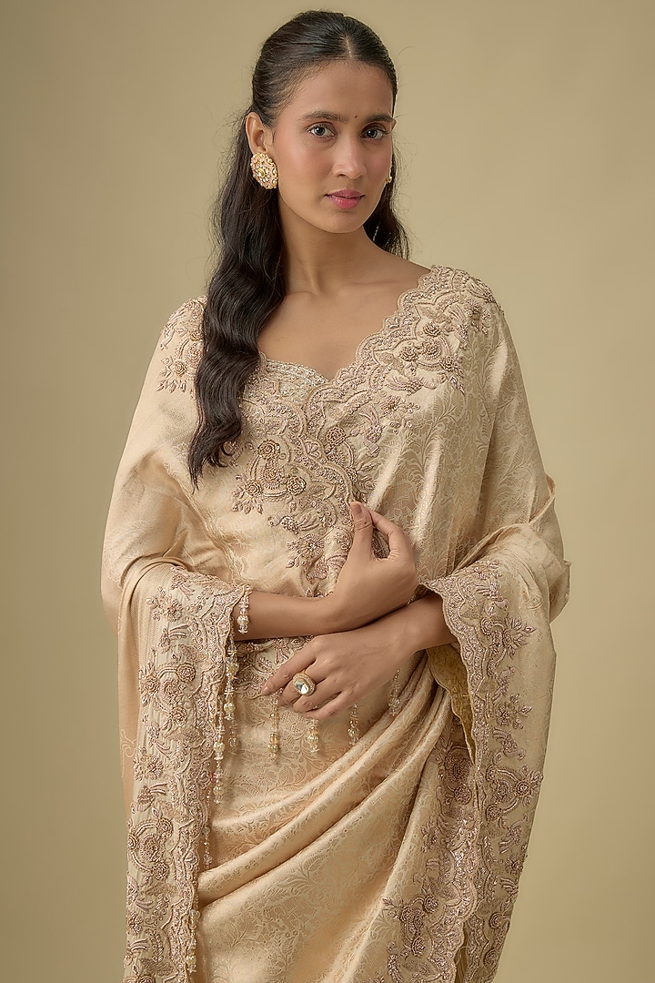 Gold Tissue Hand & Machine Embroidered Bridal Saree Set by Kalighata at Pernia's Pop Up Shop