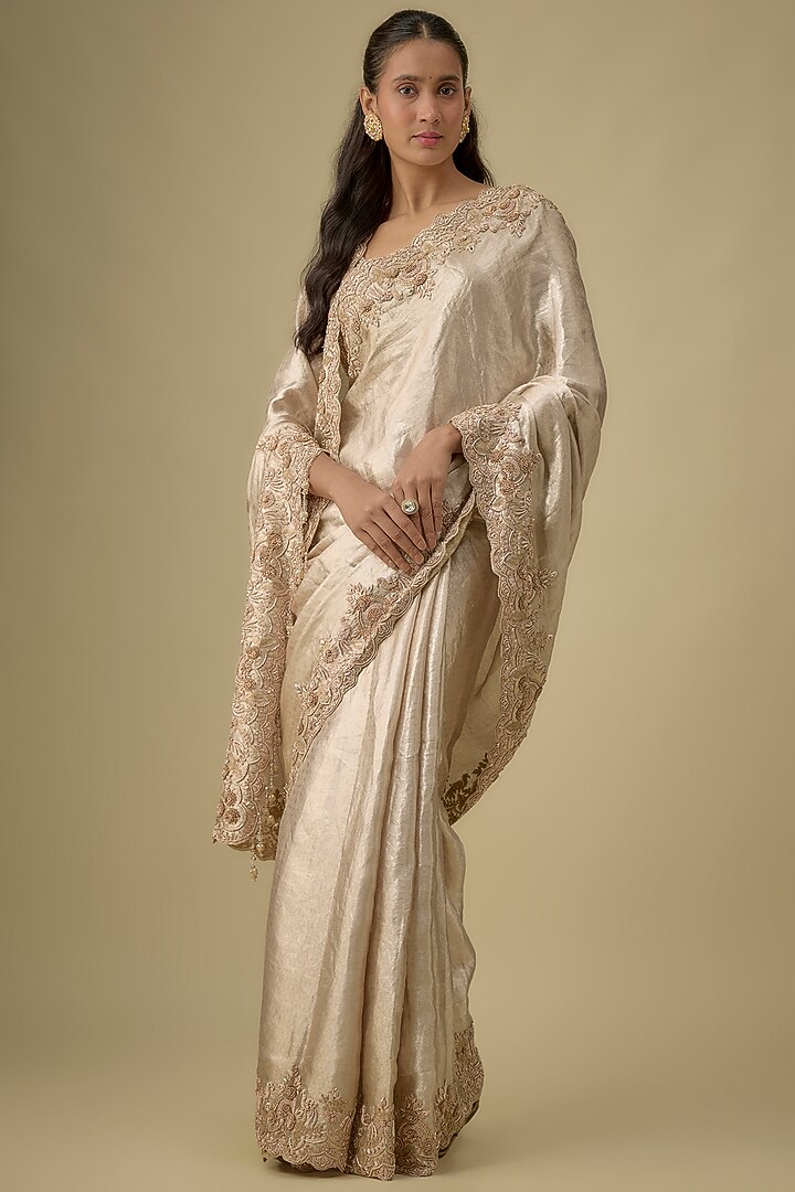 Gold Tissue Hand & Machine Embroidered Bridal Saree Set by Kalighata at Pernia's Pop Up Shop