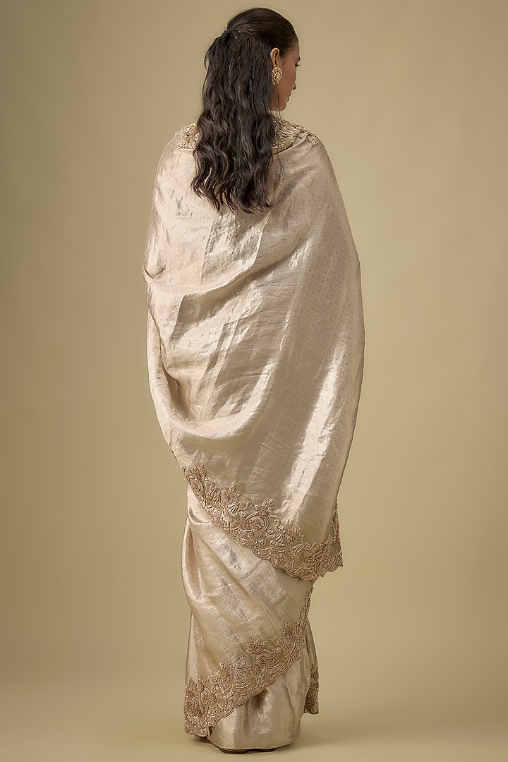Gold Tissue Hand & Machine Embroidered Bridal Saree Set by Kalighata at Pernia's Pop Up Shop