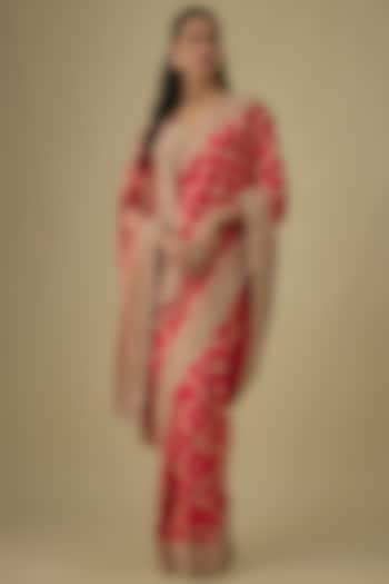 Red Tissue Hand & Machine Embroidered Bridal Saree Set by Kalighata at Pernia's Pop Up Shop