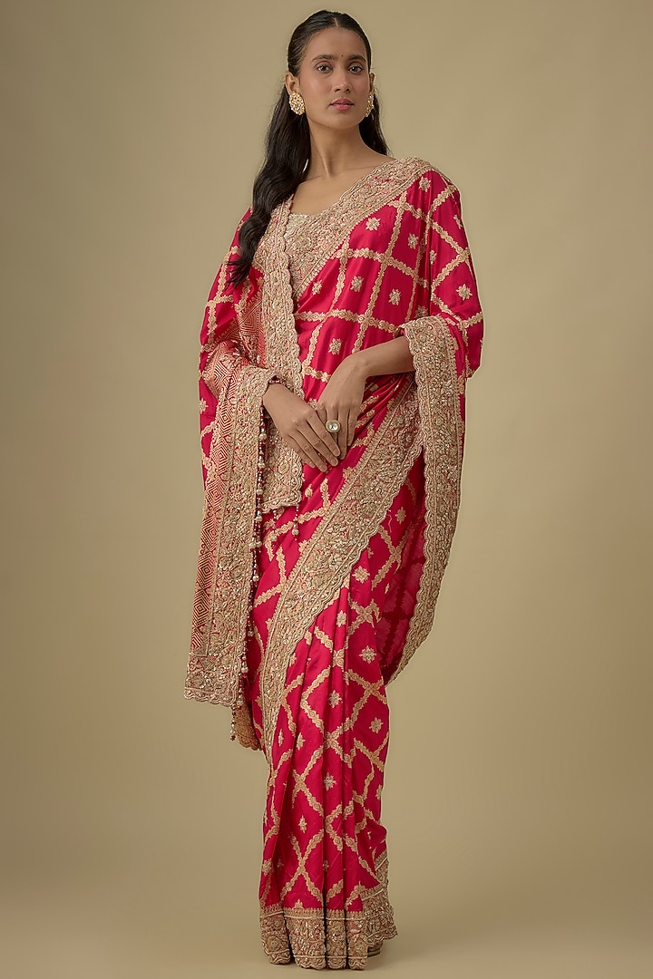 Red Tissue Hand & Machine Embroidered Bridal Saree Set by Kalighata at Pernia's Pop Up Shop