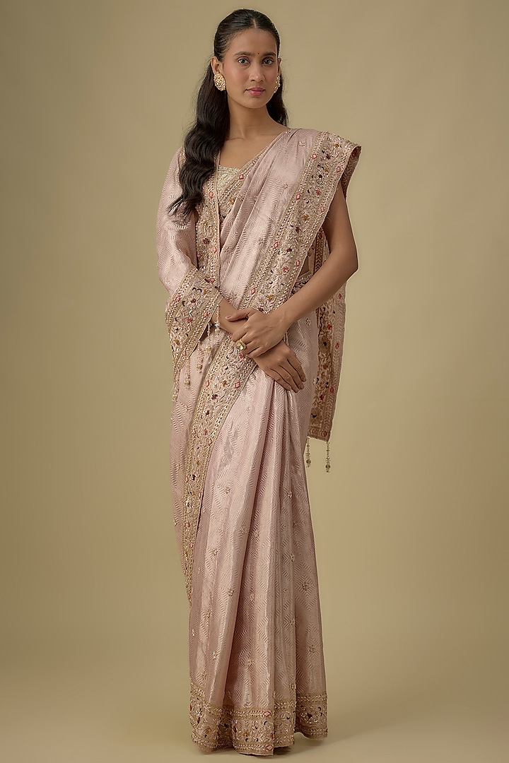 Pink Silk Hand & Machine Embroidered Bridal Saree Set by Kalighata at Pernia's Pop Up Shop