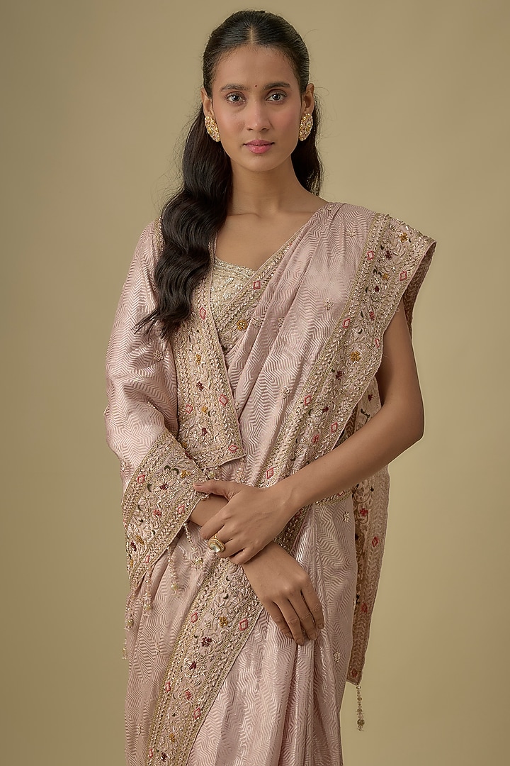 Pink Silk Hand & Machine Embroidered Bridal Saree Set by Kalighata at Pernia's Pop Up Shop