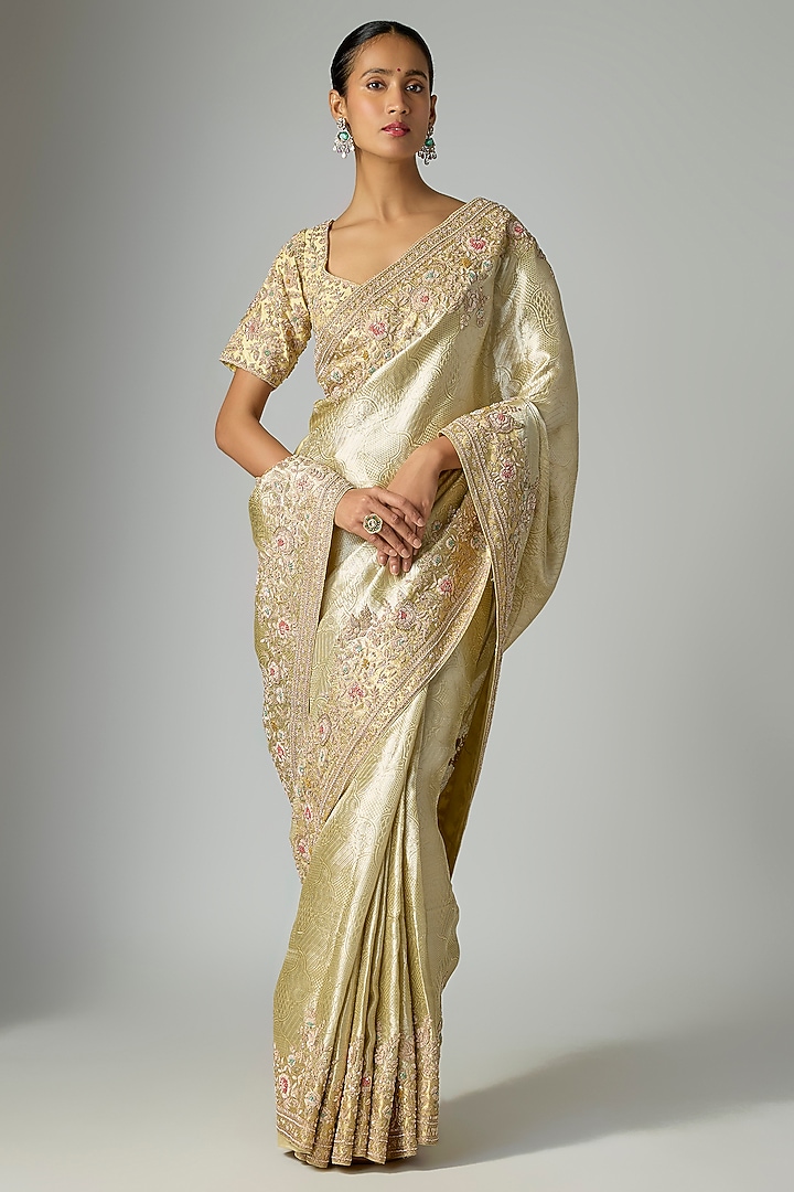 Gold Banarasi Silk Bridal Saree Set by Kalighata at Pernia's Pop Up Shop