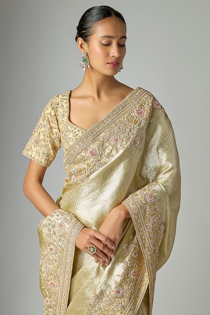 Gold Banarasi Silk Bridal Saree Set by Kalighata at Pernia's Pop Up Shop