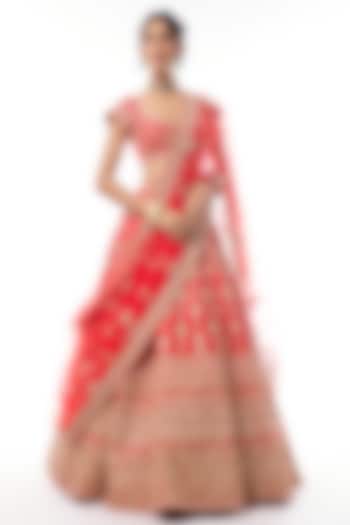 Red Raw Silk Embroidered Bridal Lehenga Set by Kalighata at Pernia's Pop Up Shop