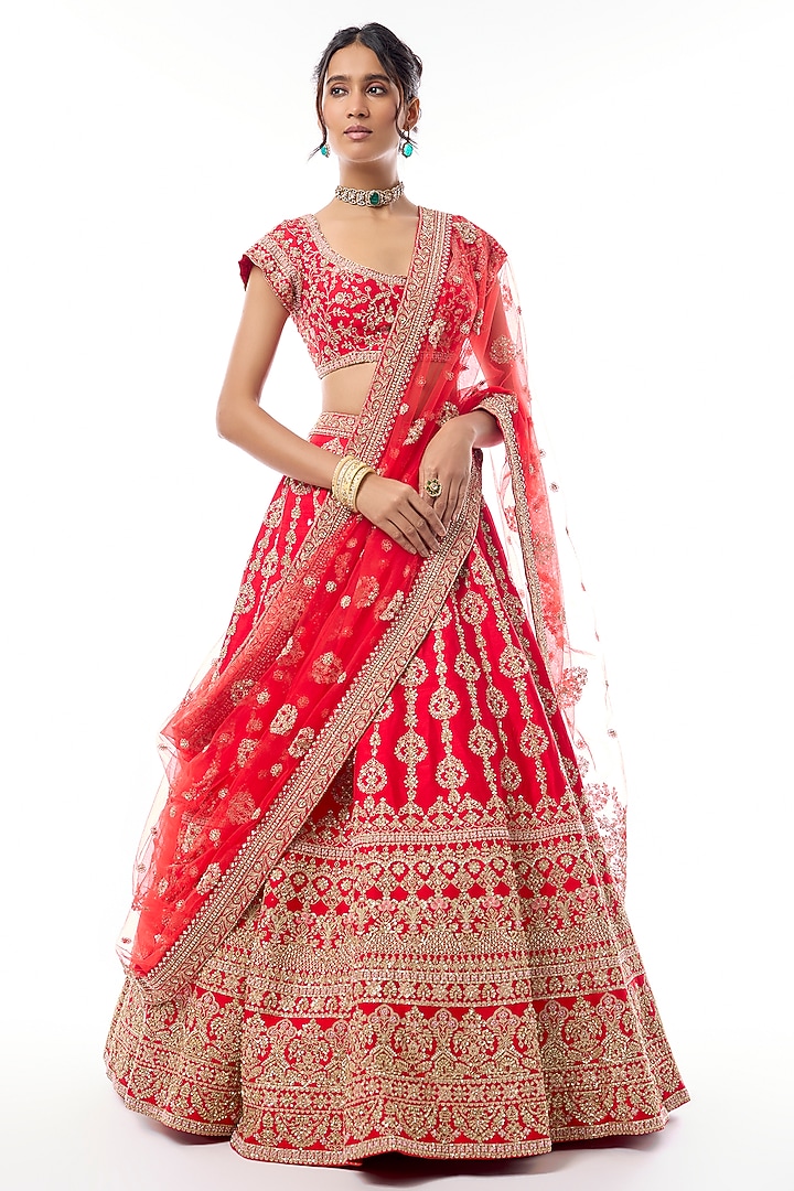 Red Raw Silk Embroidered Bridal Lehenga Set by Kalighata at Pernia's Pop Up Shop