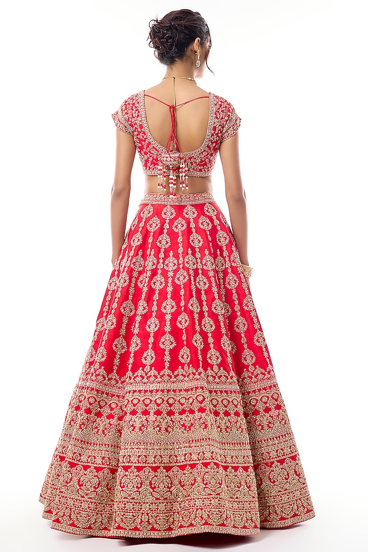 Red Raw Silk Embroidered Bridal Lehenga Set by Kalighata at Pernia's Pop Up Shop