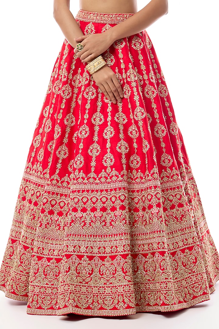 Red Raw Silk Embroidered Bridal Lehenga Set by Kalighata at Pernia's Pop Up Shop