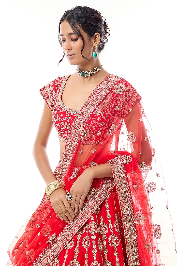 Red Raw Silk Embroidered Bridal Lehenga Set by Kalighata at Pernia's Pop Up Shop