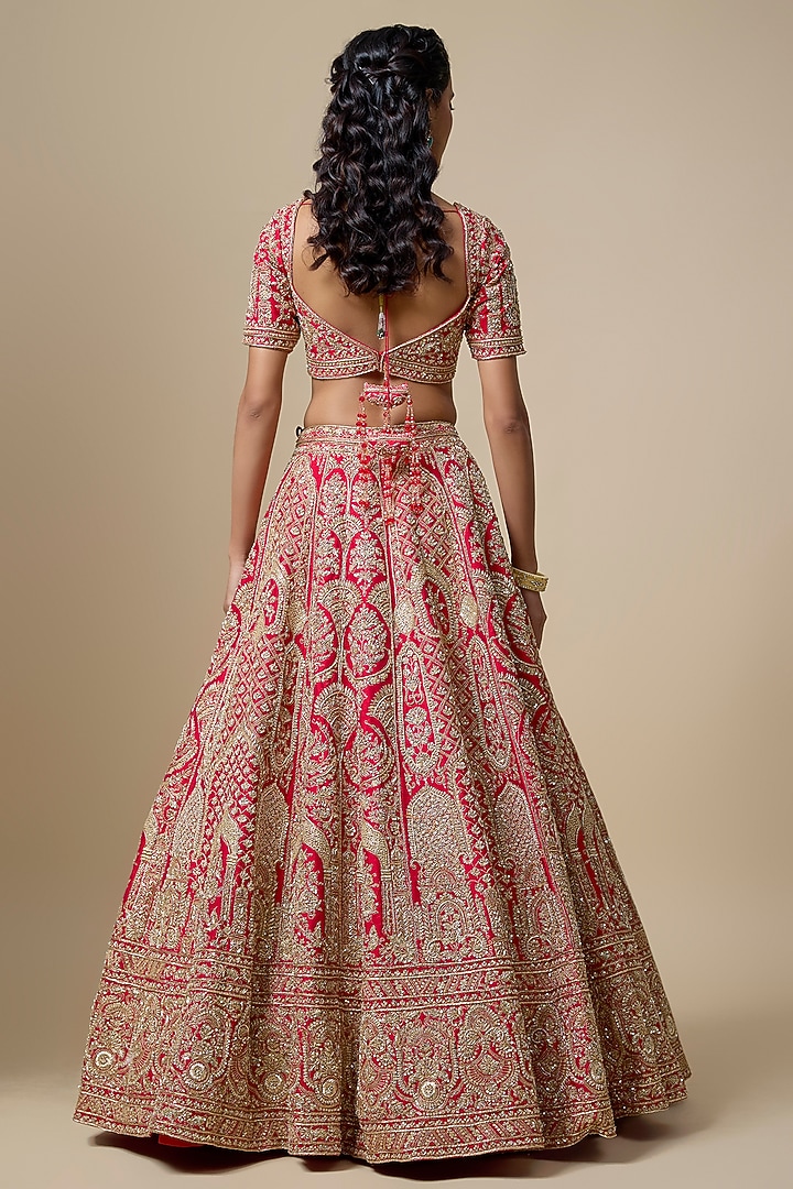 Red Raw Silk Zari Hand Embroidered Bridal Lehenga Set by Kalighata at Pernia's Pop Up Shop