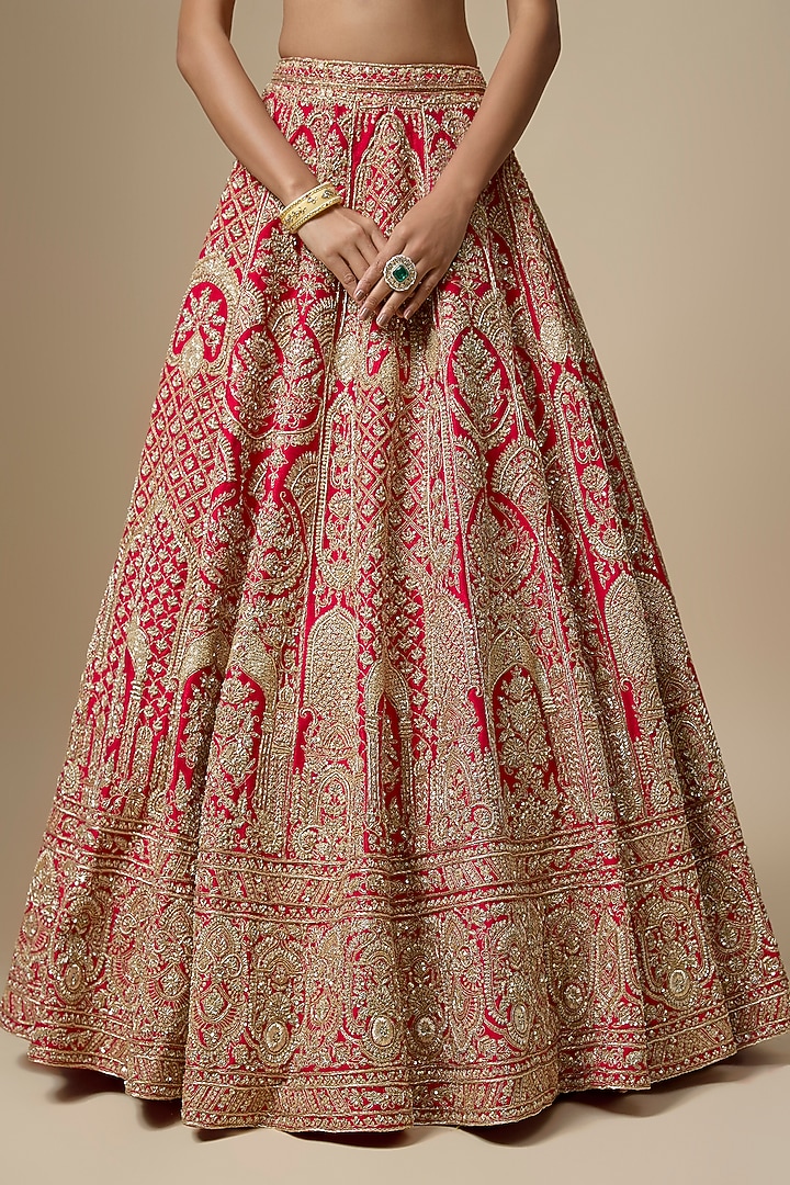 Red Raw Silk Zari Hand Embroidered Bridal Lehenga Set by Kalighata at Pernia's Pop Up Shop