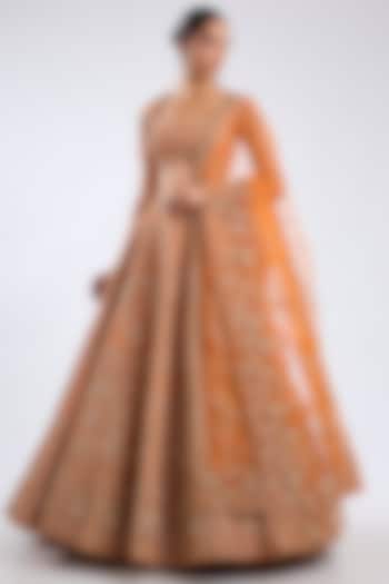 Rust Raw Silk Zari Embroidered Bridal Lehenga Set by Kalighata at Pernia's Pop Up Shop