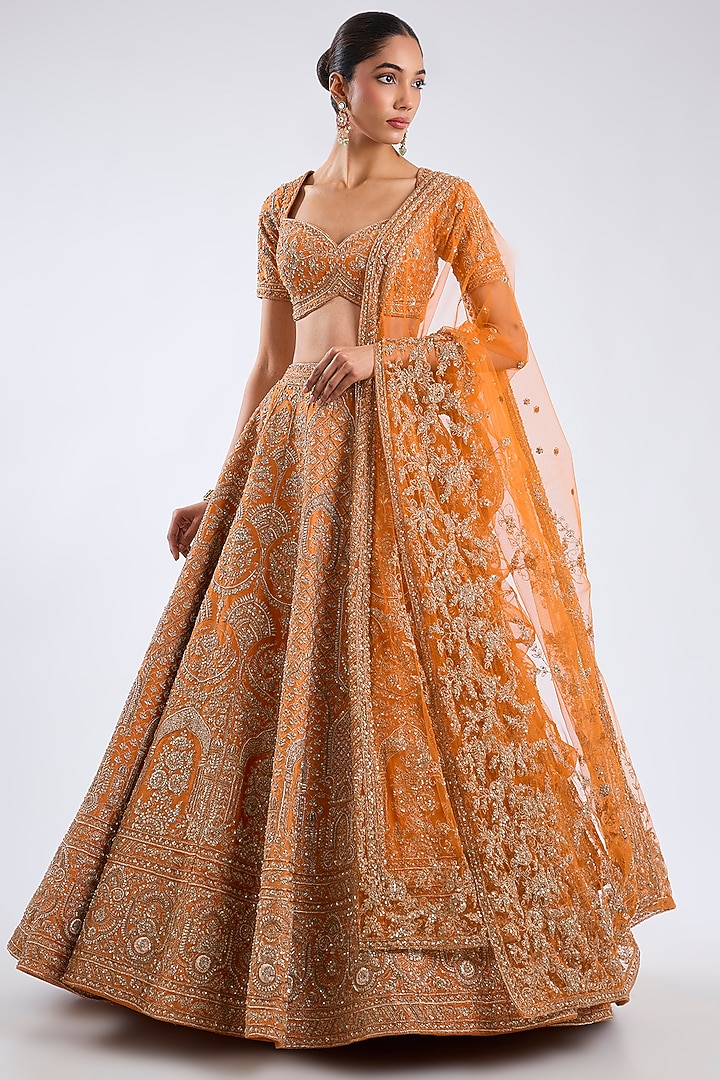 Rust Raw Silk Zari Embroidered Bridal Lehenga Set by Kalighata at Pernia's Pop Up Shop