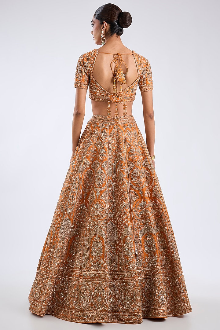 Rust Raw Silk Zari Embroidered Bridal Lehenga Set by Kalighata at Pernia's Pop Up Shop