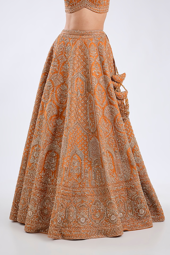 Rust Raw Silk Zari Embroidered Bridal Lehenga Set by Kalighata at Pernia's Pop Up Shop