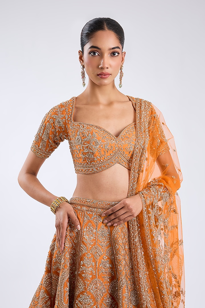Rust Raw Silk Zari Embroidered Bridal Lehenga Set by Kalighata at Pernia's Pop Up Shop