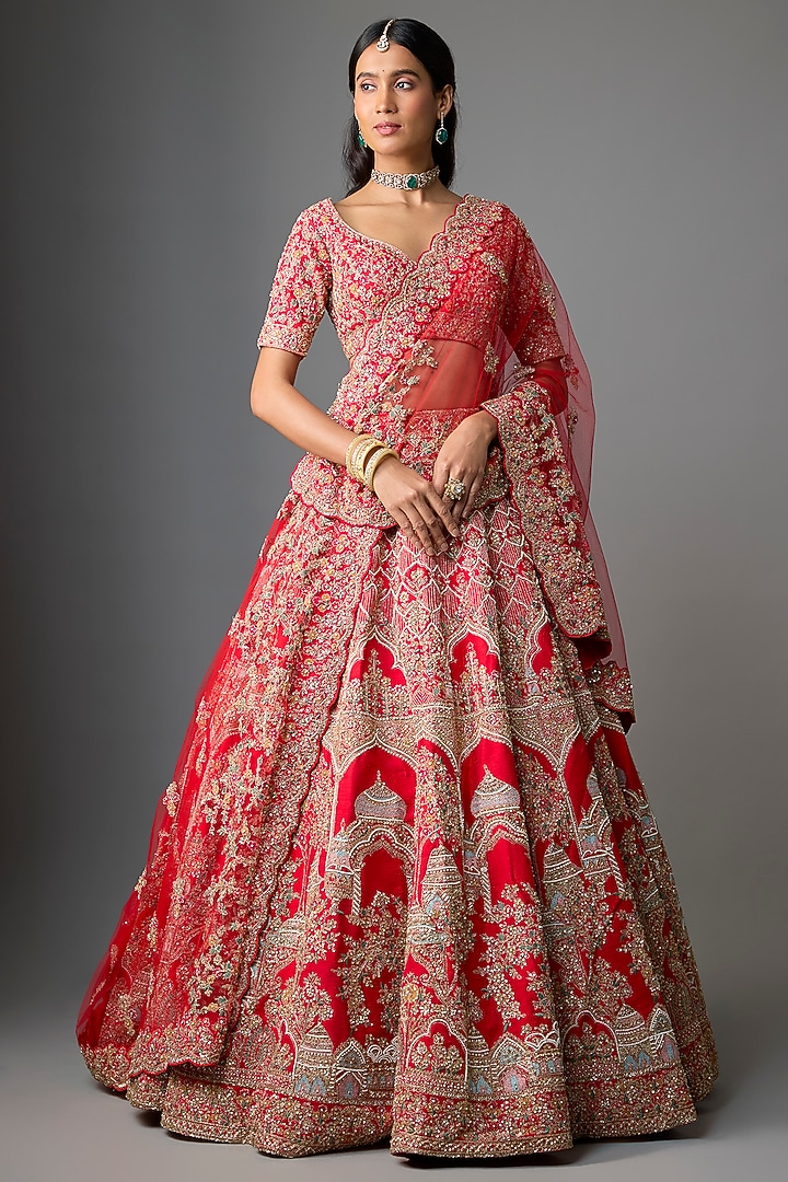 Red Raw Silk Bridal Lehenga Set by Kalighata at Pernia's Pop Up Shop