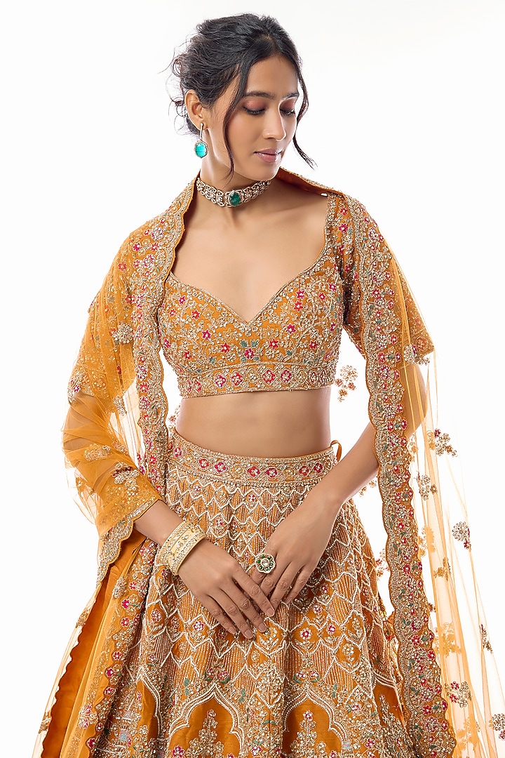 Rust Raw Silk Embroidered Bridal Lehenga Set by Kalighata at Pernia's Pop Up Shop