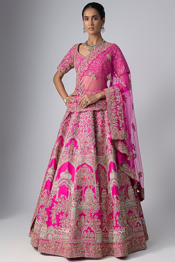 Pink Raw Silk Bridal Lehenga Set by Kalighata at Pernia's Pop Up Shop