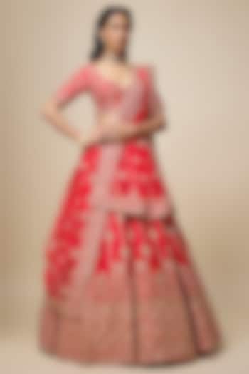 Red Raw Silk Zari Hand Embroidered Bridal Lehenga Set by Kalighata at Pernia's Pop Up Shop