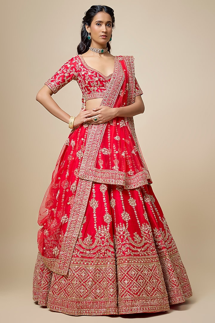 Red Raw Silk Zari Hand Embroidered Bridal Lehenga Set by Kalighata at Pernia's Pop Up Shop