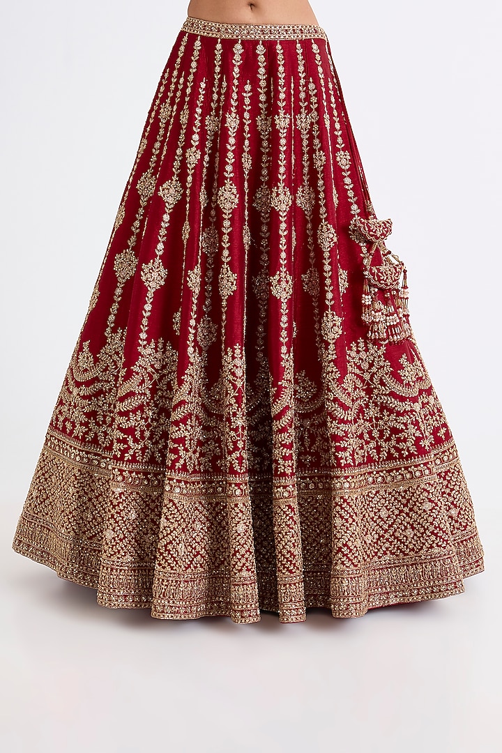 Maroon Raw Silk Zari Hand & Machine Embroidered Bridal Lehenga Set by Kalighata at Pernia's Pop Up Shop
