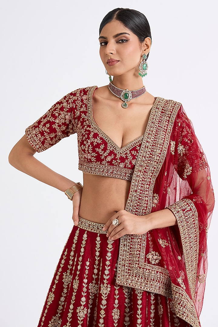 Maroon Raw Silk Zari Hand & Machine Embroidered Bridal Lehenga Set by Kalighata at Pernia's Pop Up Shop