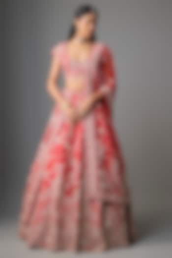 Red Raw Silk Embroidered Bridal Lehenga Set by Kalighata at Pernia's Pop Up Shop
