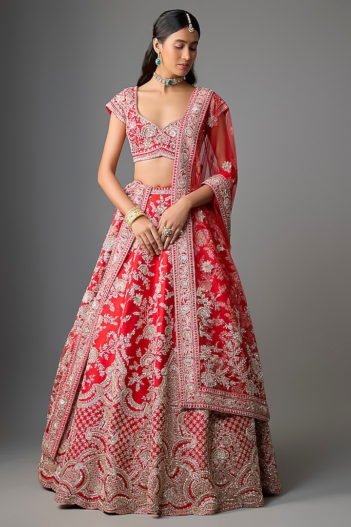 Red Raw Silk Embroidered Bridal Lehenga Set by Kalighata at Pernia's Pop Up Shop