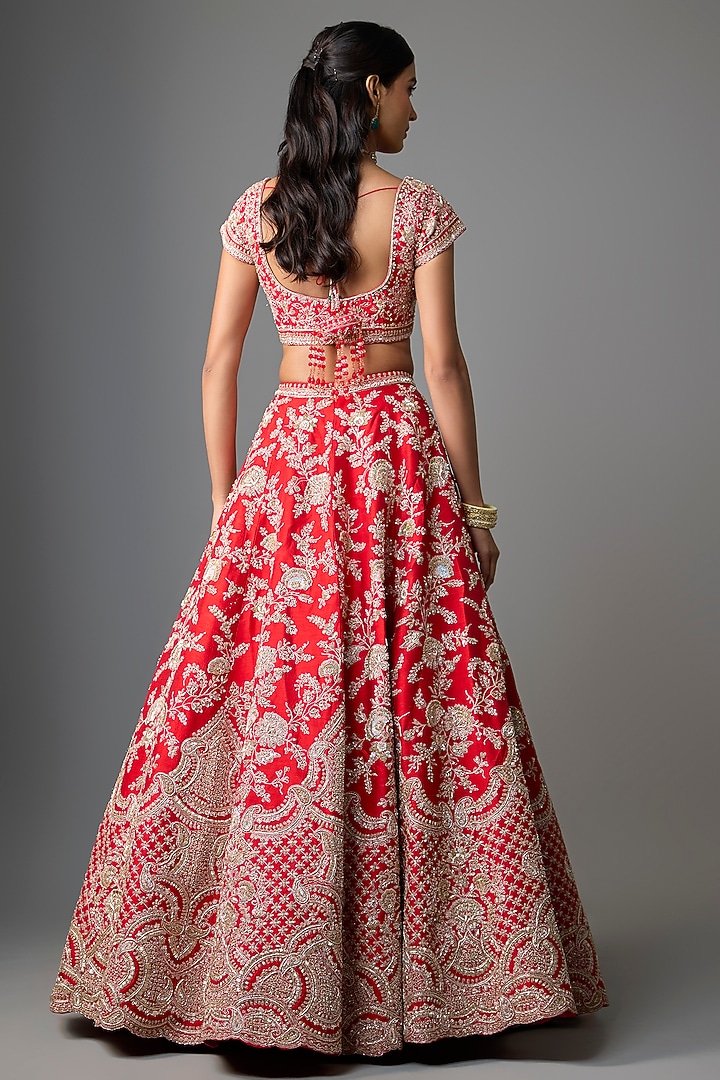 Red Raw Silk Embroidered Bridal Lehenga Set by Kalighata at Pernia's Pop Up Shop