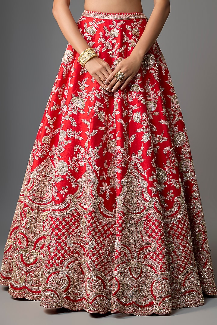 Red Raw Silk Embroidered Bridal Lehenga Set by Kalighata at Pernia's Pop Up Shop