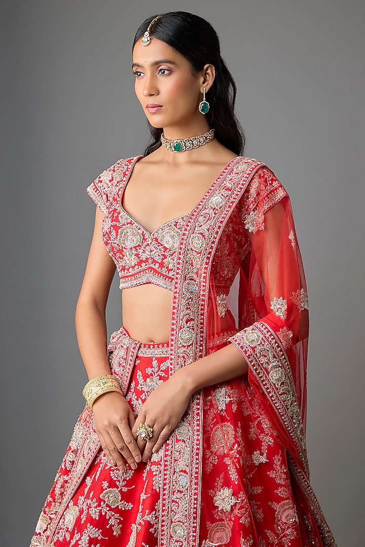 Red Raw Silk Embroidered Bridal Lehenga Set by Kalighata at Pernia's Pop Up Shop